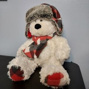 Hugfun Int' L Inc. Winter Christmas Polar Teddy Bear, Colors Are White And Plaid